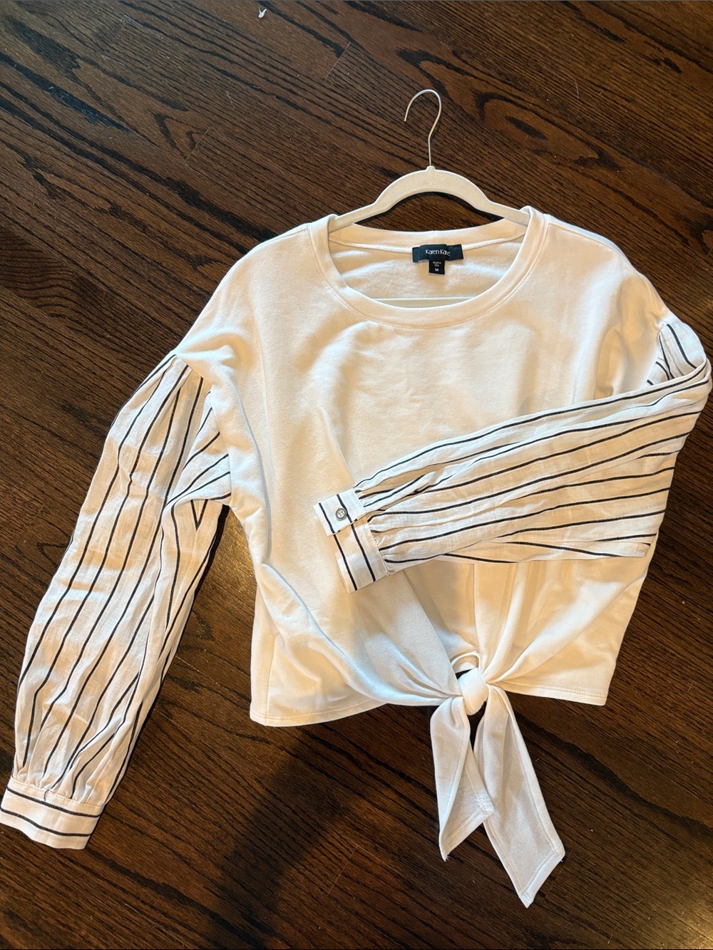 Mixed Media Cropped Tie-Front Top with Black-Striped Balloon Sleeves